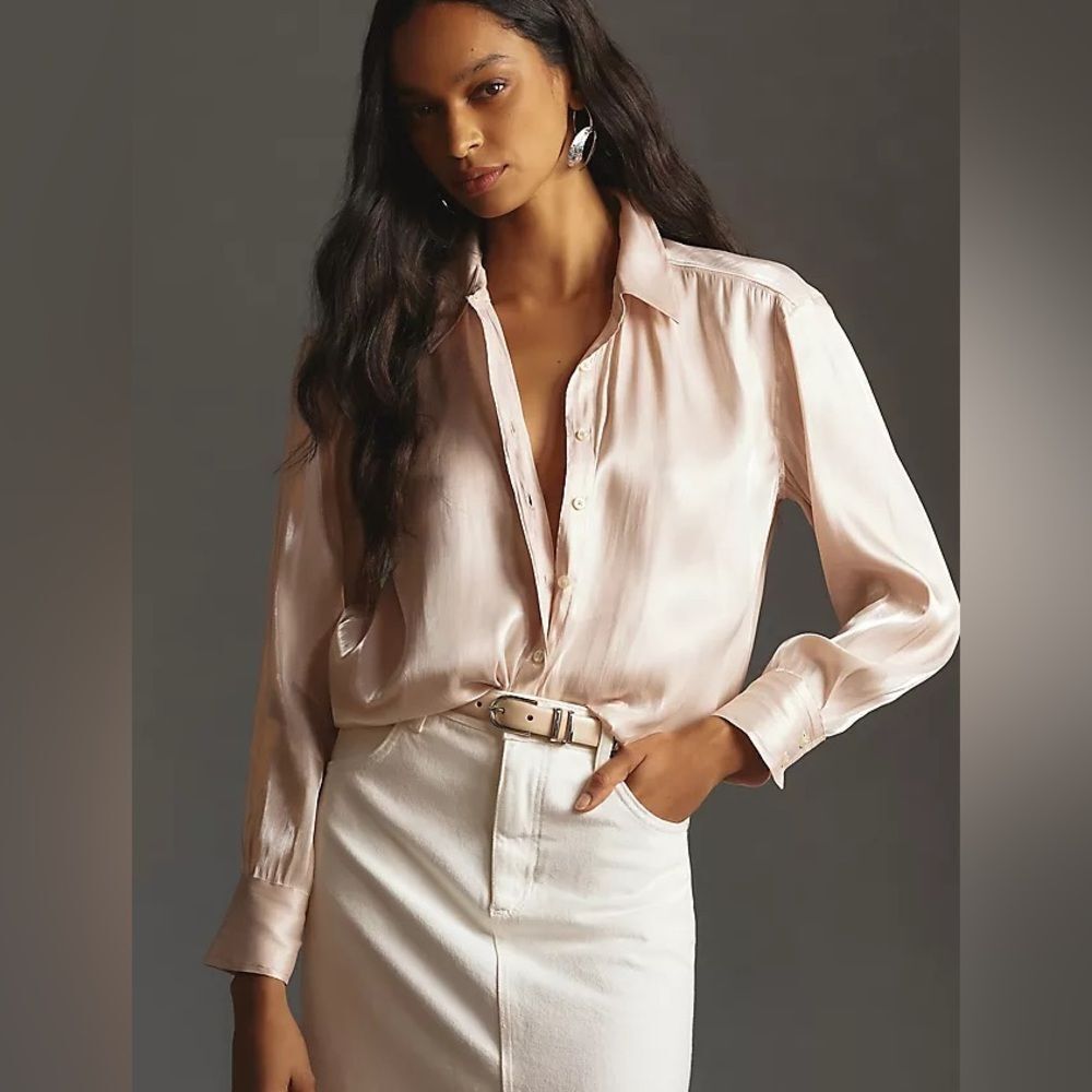 Anthropologie Satin Button-Down Shirt in Blush Pink